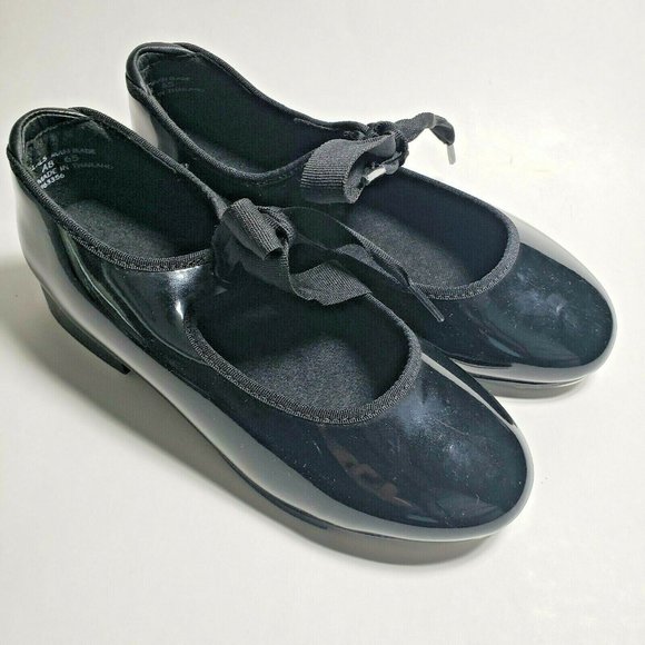 COPY - Capezio Tap Dance Shoes Girls Size 4W 4 W Black Patent Tie Up New - Picture 3 of 7